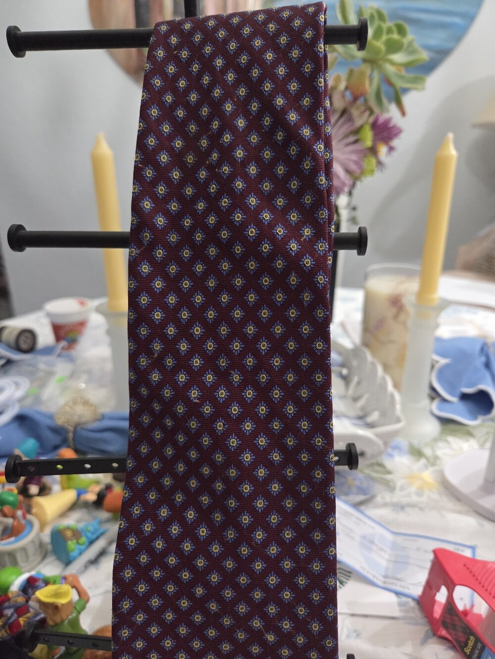 Ralph Lauren Silk Geometric Medallion Tie - Burgundy with Blue & Yellow Accents